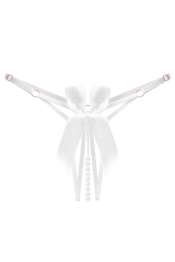 Chilot sexy cu decupaj inghinal, funda satin si sirag de perle, Alb, GS1303-2