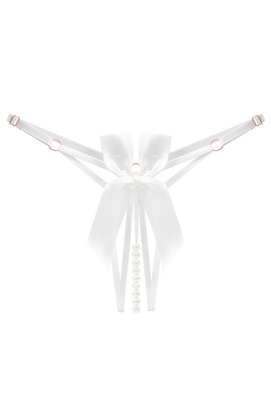 Chilot sexy cu decupaj inghinal, funda satin si sirag de perle, Alb, GS1303-2