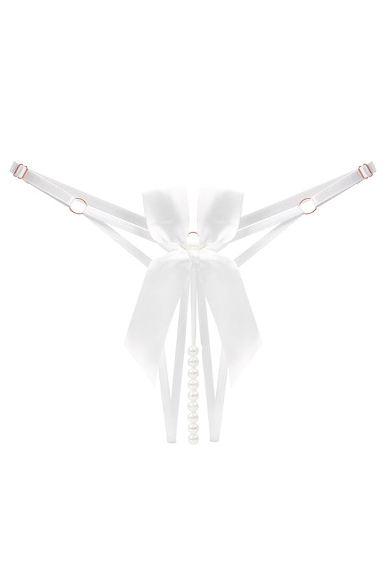 Chilot sexy cu decupaj inghinal, funda satin si sirag de perle, Alb, GS1303-2