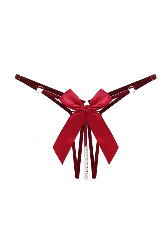 Chilot sexy cu decupaj inghinal, funda satin si sirag de perle, Visiniu, GS1303-81