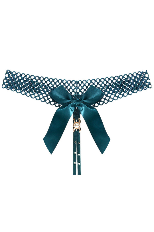 Chilot tanga kinky cu funda satinata supradimensionata si strasuri, Verde inchis, GS1304-12