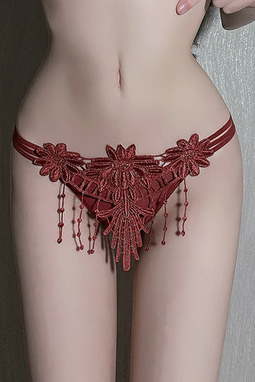 Chilot tanga din plasa fina cu broderie florala, sexy si confortabil, Rosu, GS1306-3