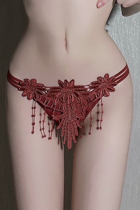 Chilot tanga din plasa fina cu broderie florala, sexy si confortabil, Rosu, GS1306-3