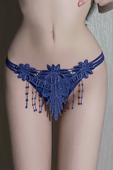 Chilot tanga din plasa fina cu broderie florala, sexy si confortabil, Bleumarin, GS1306-44