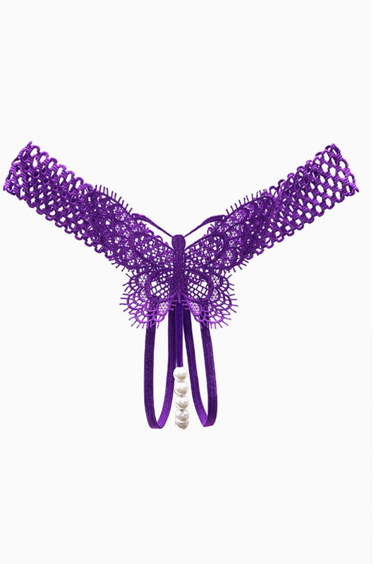 Chiloti snur cu perle si dantela fluture – lenjerie intima sexy, Mov, GS1313-11