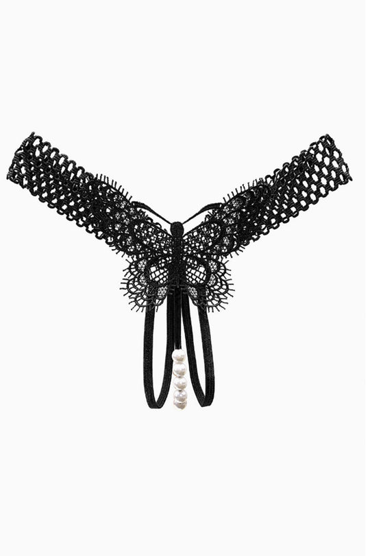 Chiloti snur cu perle si dantela fluture – lenjerie intima sexy, Negru, GS1313-1