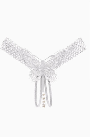 Chiloti snur tanga cu perle si dantela fluture – lenjerie intima sexy, Alb, GS1313-2