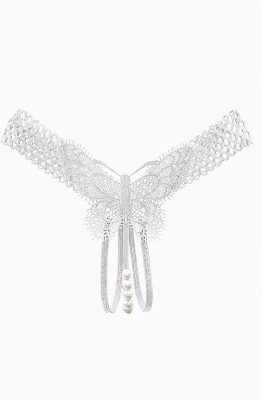Chiloti snur tanga cu perle si dantela fluture – lenjerie intima sexy, Alb, GS1313-2