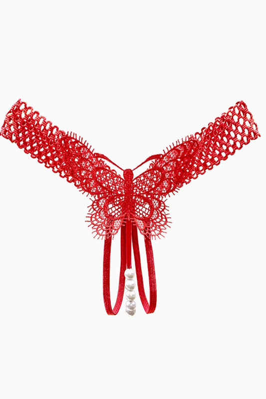Chiloti snur tanga cu perle si dantela fluture – lenjerie intima sexy, Rosu, GS1313-3
