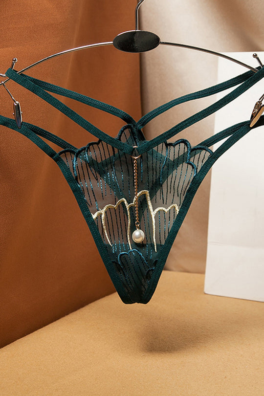 Chilot snur sexy din plasa cu broderie si lant cu perla – tanga eleganta S-M, Verde, GS1316-127