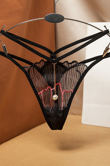 Chilot snur sexy din plasa cu broderie si lant cu perla – tanga eleganta S-M, Negru, GS1316-151