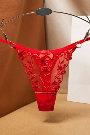 Chilot tanga sexy cu broderie florala si fundita, Rosu, GS1317-3