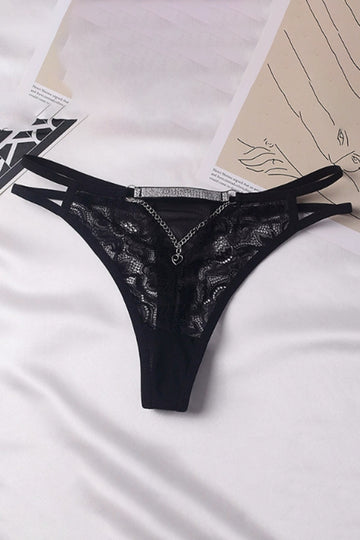 Chiloți tanga damă cu dantelă florală, decupaj și lanț decorativ, Negru, GS1318-1