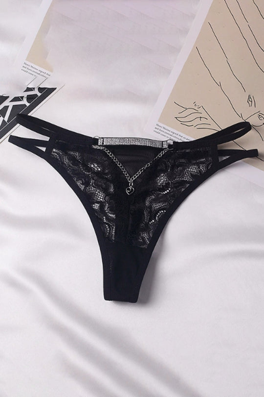 Chiloți tanga damă cu dantelă florală, decupaj și lanț decorativ, Negru, GS1318-1