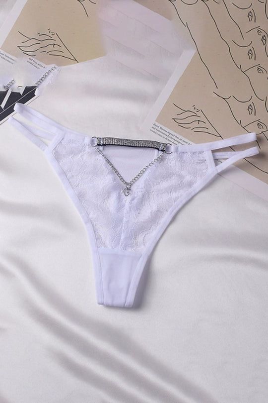 Chiloți tanga damă cu dantelă florală, decupaj și lanț decorativ, Alb, GS1318-2