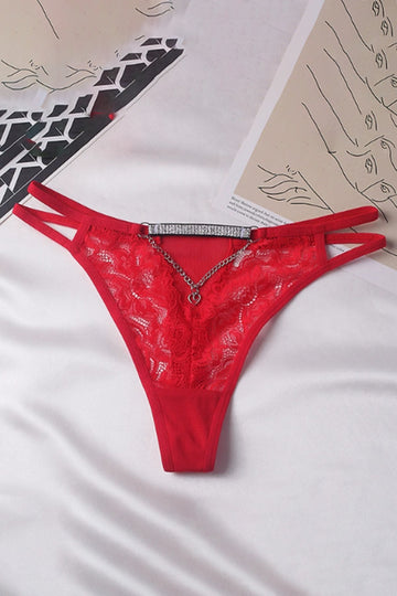 Chiloți tanga damă cu dantelă florală, decupaj și lanț decorativ, Rosu, GS1318-3