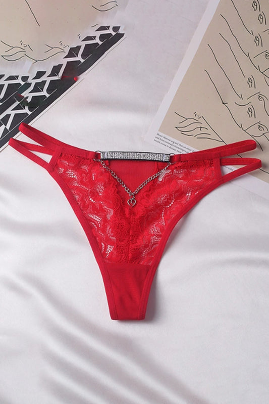 Chiloți tanga damă cu dantelă florală, decupaj și lanț decorativ, Rosu, GS1318-3