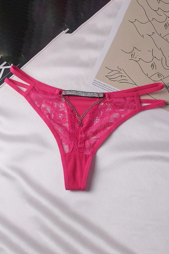 Chiloți tanga damă cu dantelă florală, decupaj și lanț decorativ, Fuchsia, GS1318-55