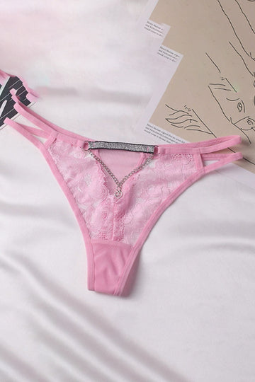 Chiloți tanga damă cu dantelă florală, decupaj și lanț decorativ, Roz, GS1318-5