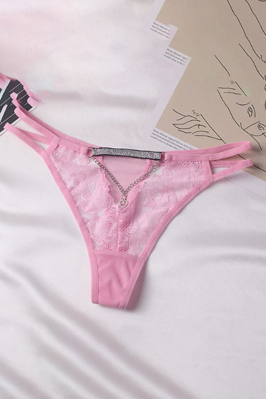 Chiloți tanga damă cu dantelă florală, decupaj și lanț decorativ, Roz, GS1318-5