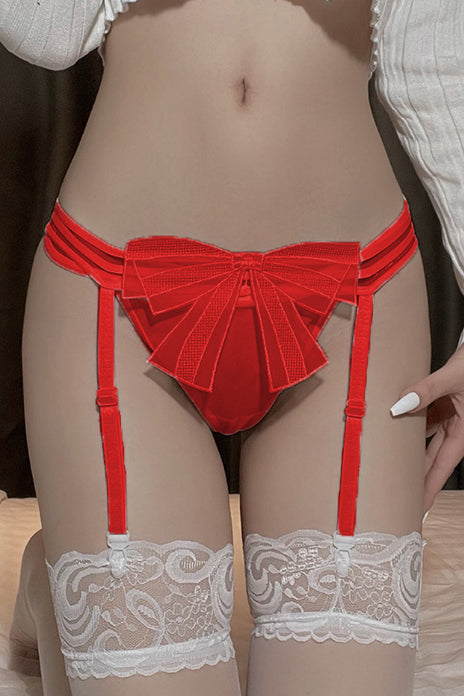 Set lenjerie sexy dama 2 piese cu portjartiera si chilot snur, Rosu, GS1326-3