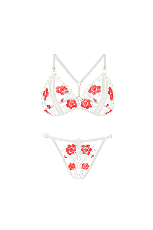 Set 2 piese lenjerie kinky din sutien si chilot cu decupaje si broderie, Alb si Rosu,  GS1335-23