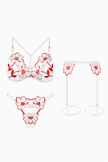 Set 3 piese lenjerie cu broderie florala, sutien, chilot tanga si portjartiera, Alb si Rosu, GS1338-23