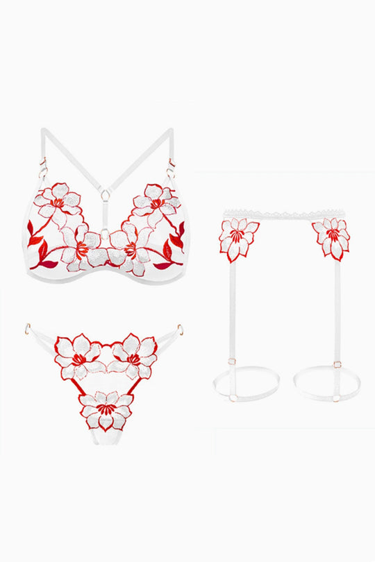 Set 3 piese lenjerie cu broderie florala, sutien, chilot tanga si portjartiera, Alb si Rosu, GS1338-23
