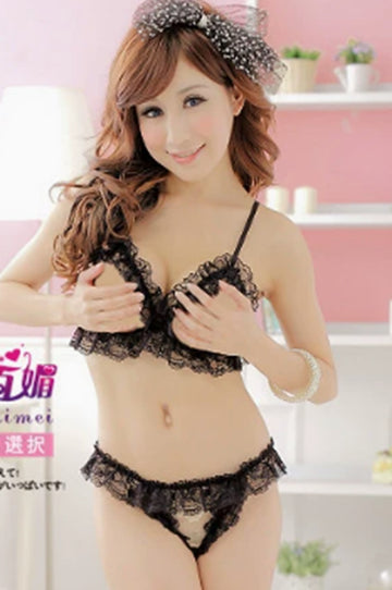 Set 2 piese lenjerie sexy cu volanase si decupaje, Negru, GS1339-1