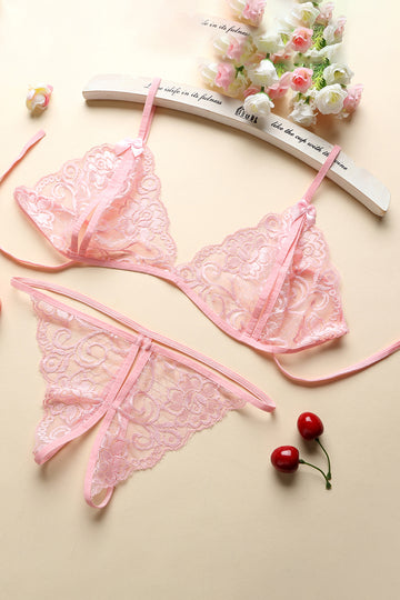 Set 2 piese lenjerie sexy cu dantela florala si decupaje, Roz, GS1340-5