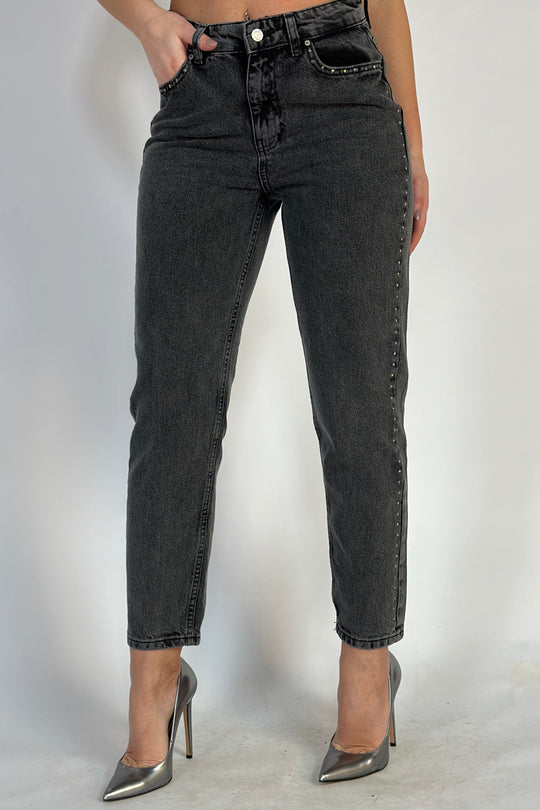 Blugi casual cu talie inalta accesorizati cu strasuri stralucitoare H764-18