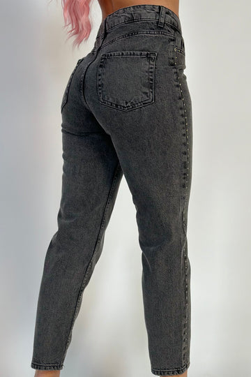 Blugi casual cu talie inalta accesorizati cu strasuri stralucitoare H764-18