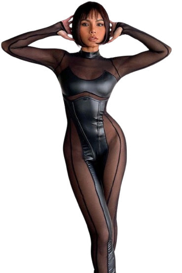 Salopeta kinky din vinil elastic si plasa fina semitransparenta, Negru J776-1