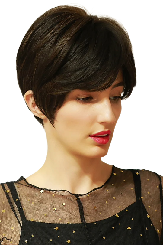 Peruca saten inchis tunsa scurt cu perciuni si breton PER116-8888
