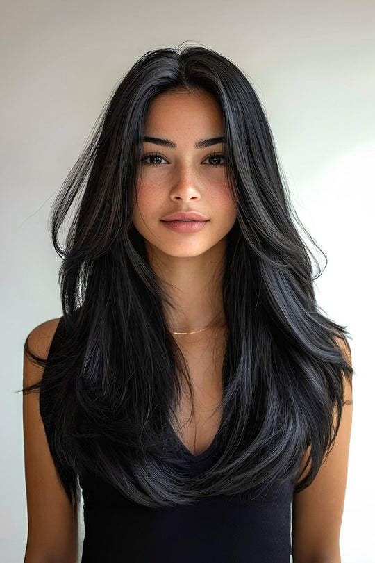 Peruca lunga stratificata neagra cu carare pe mijloc, fibra sintetica premium,  PER147-1