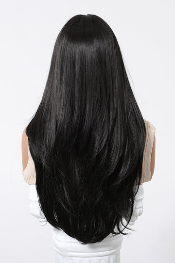 Peruca lunga stratificata neagra cu carare pe mijloc, fibra sintetica premium,  PER147-1