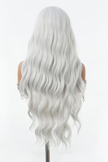 Peruca lunga ondulata alb argintiu cu breton – eleganta si volum natural, PER148-2