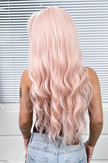 Peruca lunga ondulata roz pastel cu breton drept – Look natural si elegant,  PER148-5112
