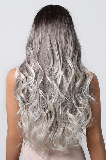 Peruca lunga ombre gri argintiu cu breton drept, fibra sintetica premium,  PER149-18