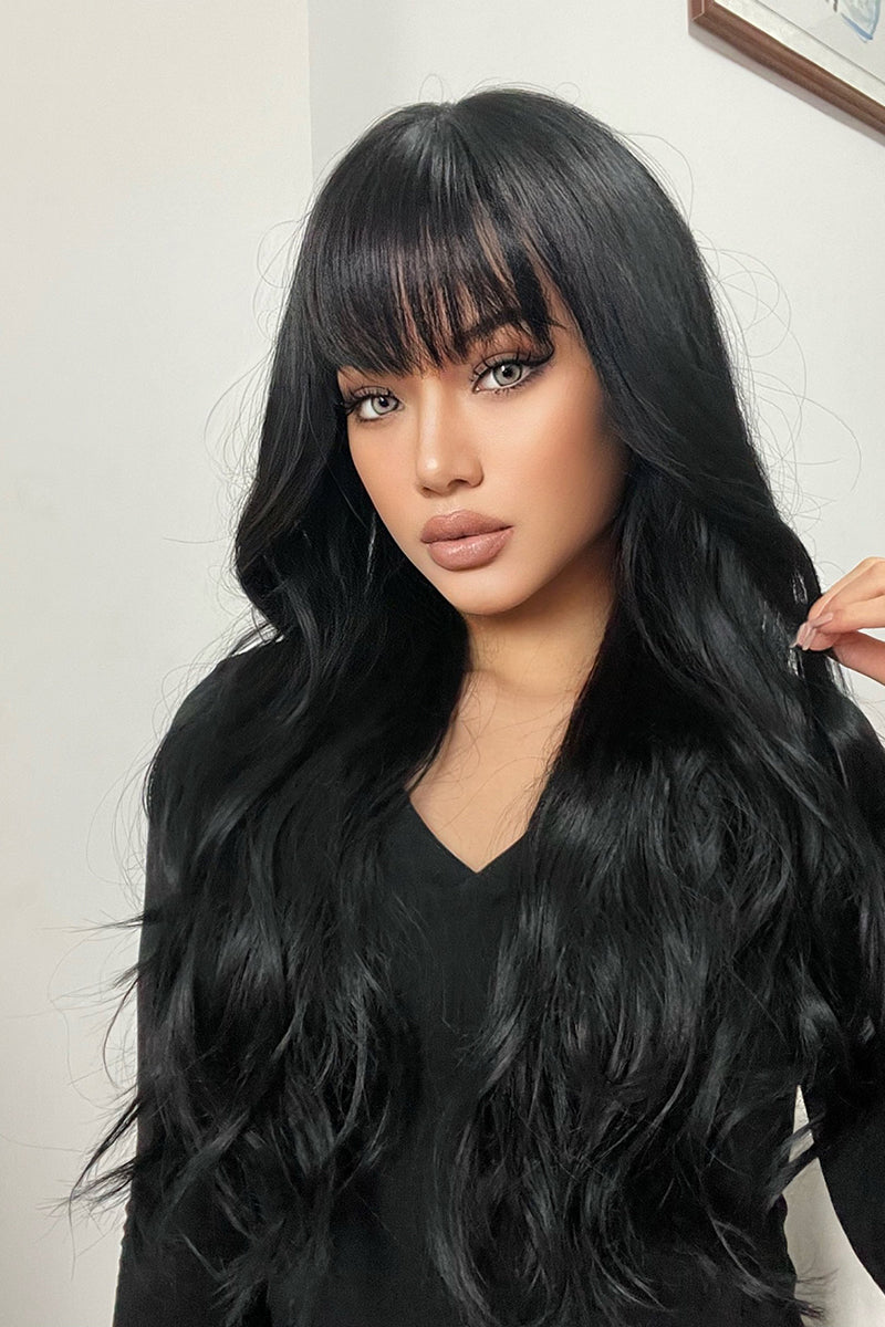 Peruca lunga ondulata neagra cu breton drept, fibra sintetica premium,  PER149-1
