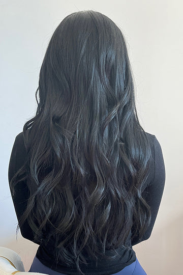 Peruca lunga ondulata neagra cu breton drept, fibra sintetica premium,  PER149-1