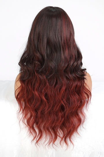 Peruca lunga ondulata saten inchis cu rosu degrade, cu breton drept din fibra sintetica premium PER149-338