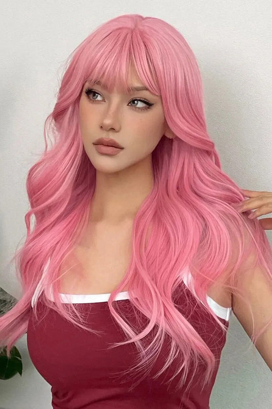Peruca lunga ondulata roz pastel cu breton drept, fibra sintetica premium,  PER149-5555