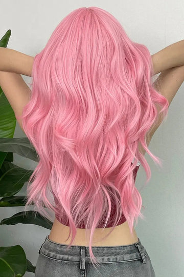 Peruca lunga ondulata roz pastel cu breton drept, fibra sintetica premium,  PER149-5555