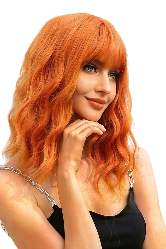 Peruca scurta ondulata portocalie cu breton, realizata din fibra sintetica premium,  PER151-318