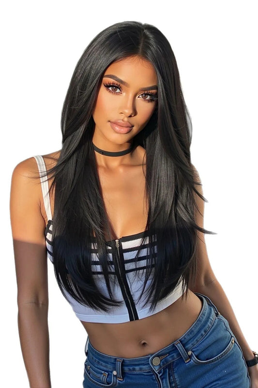 Peruca lunga neagra cu carare pe mijloc din fibre sintetice premium,  PER152-811