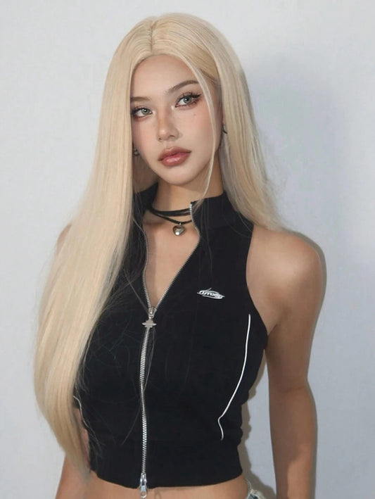 Peruca lunga dreapta blond platinat cu carare pe mijloc din fibre sintetice premium,  PER152-9999