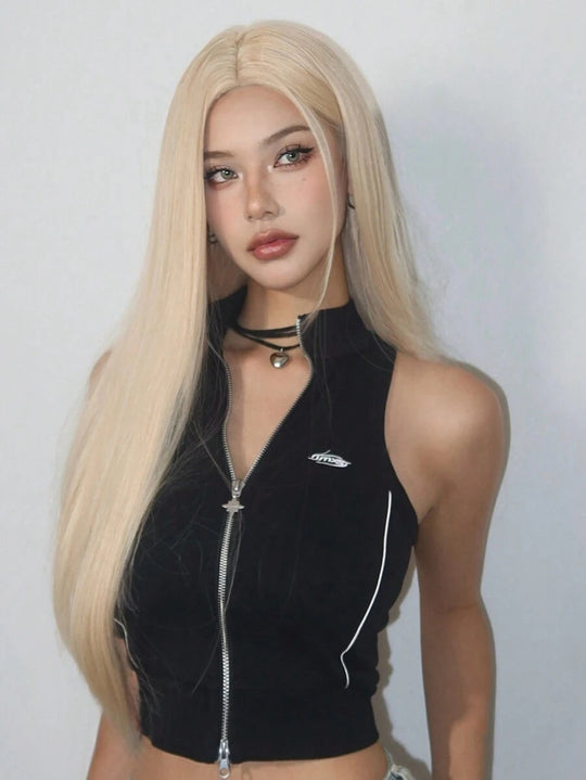 Peruca lunga dreapta blond platinat cu carare pe mijloc din fibre sintetice premium,  PER152-9999