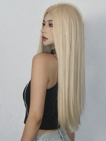 Peruca lunga dreapta blond platinat cu carare pe mijloc din fibre sintetice premium,  PER152-9999