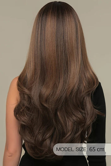 Peruca lunga brunet inchis cu suvite castanii ondulata 65 cm din fibre sintetice premium,  PER153-8